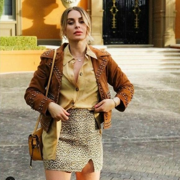 Ministry of Style Jackets & Blazers - MINISTRY OF STYLE Grain Leather Suede Tan Jett Studded Jacket RRP$689